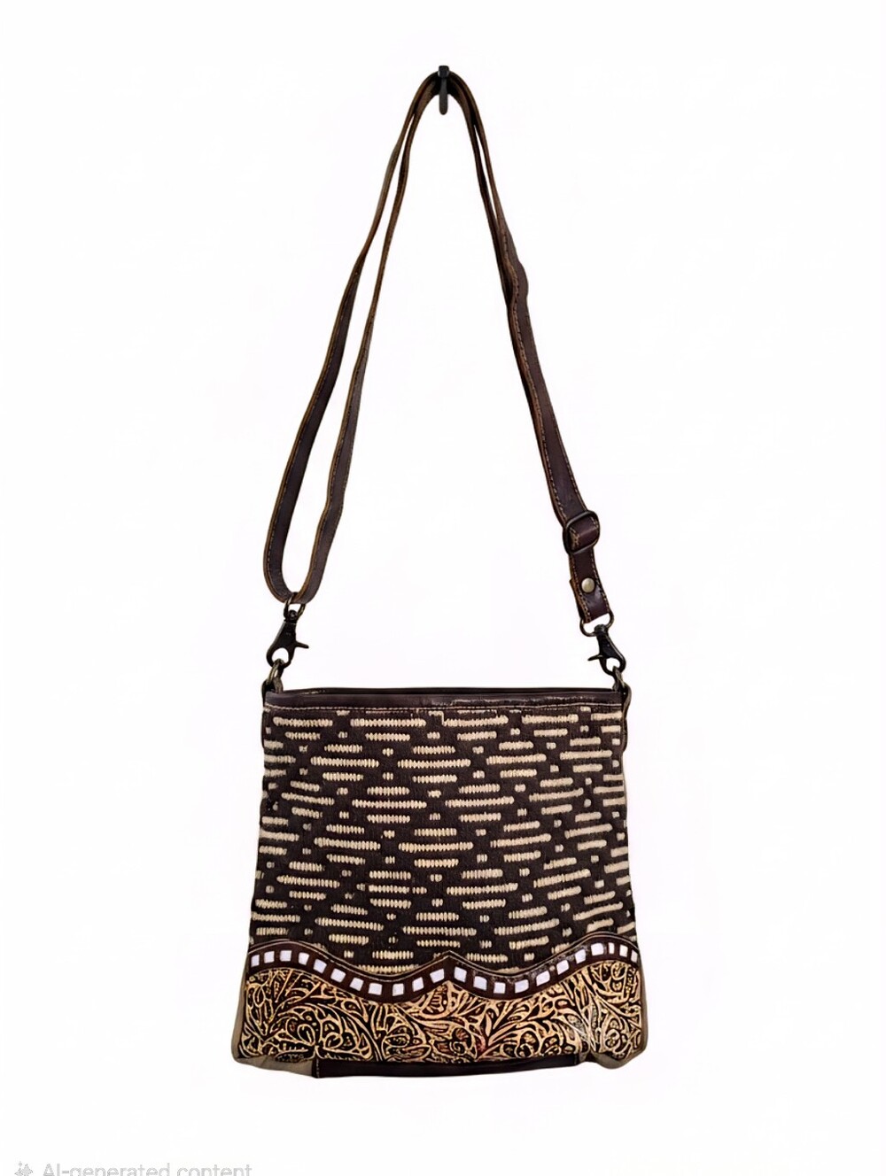 Myra Bag Brown Patterned Crossbody Bag with Decorative Trim